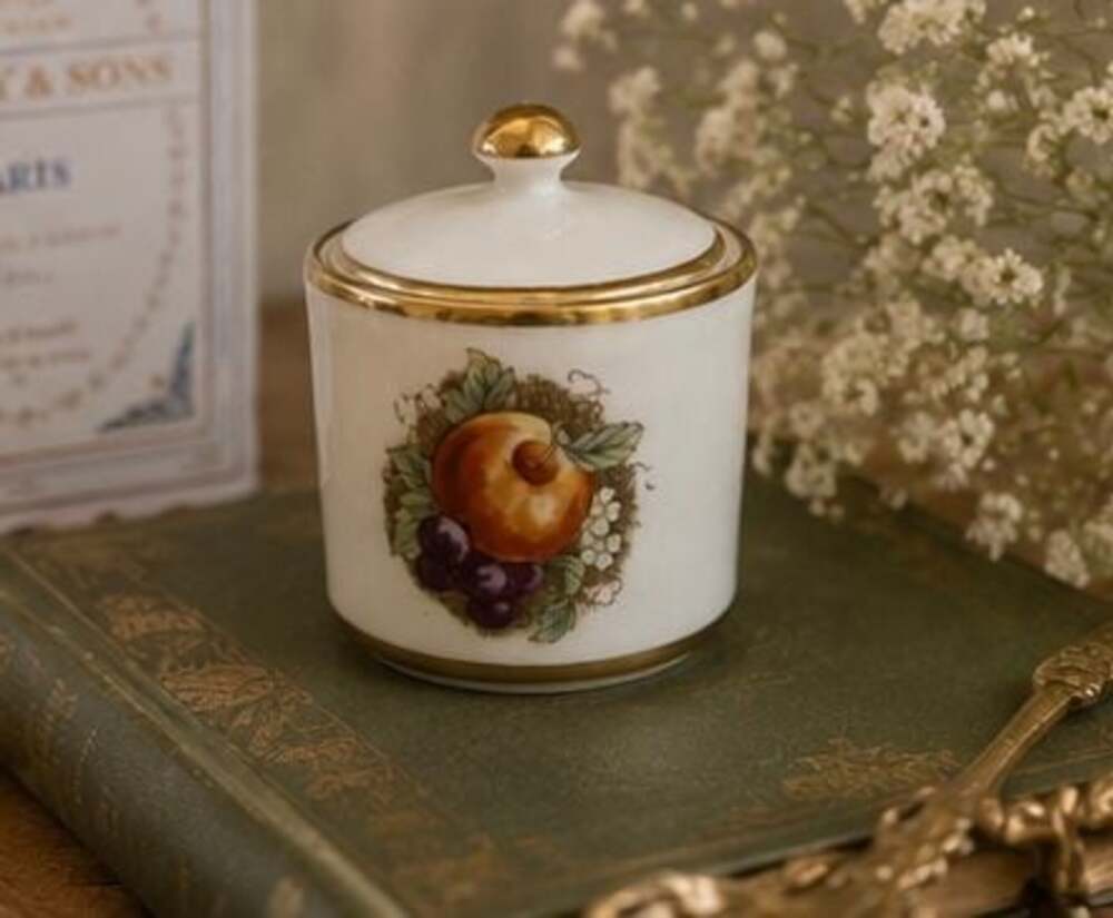 Vintage Bavaria Porcelain Fruit Motif Lidded Sugar Bowl with Gold Trim
